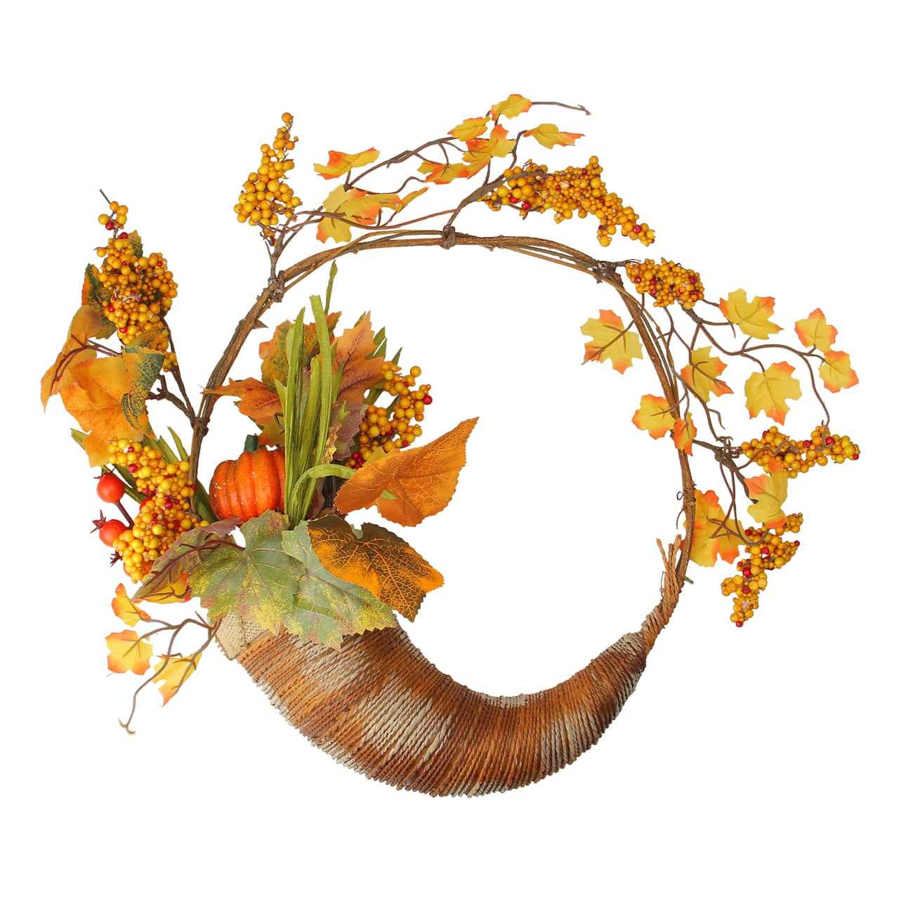 18&#x22; Autumn Harvest Berries &#x26; Leaves Cornucopia Wreath, Unlit
